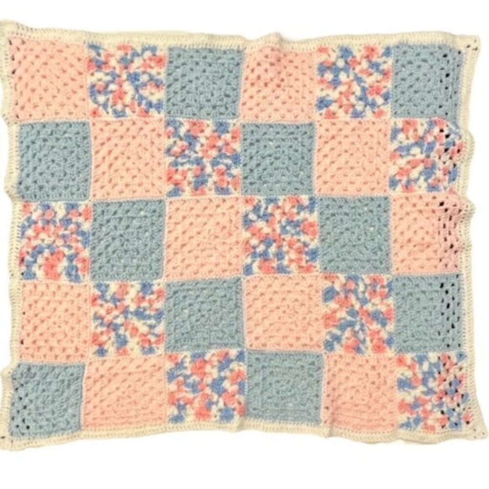🎉PRICE REDUCED🎉 VTG Handmade Afghan Blanket PINK BLUE Crochet Throw 42"x34”